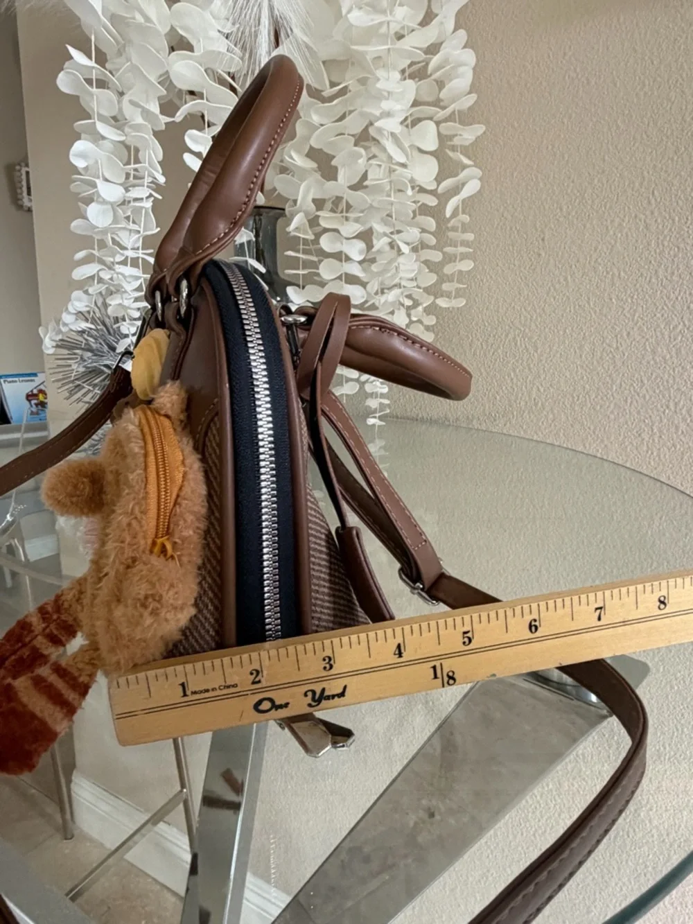 Brown Faux-Leather Handbag with Decorative Charms